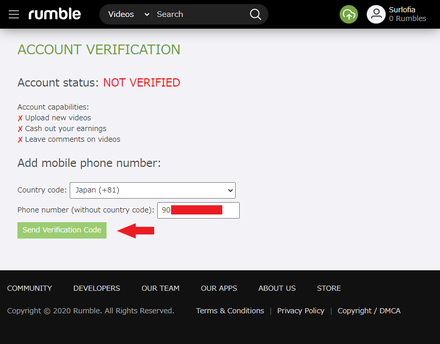 Rumble 電話番号を登録して、動画をアップできるようにします。
