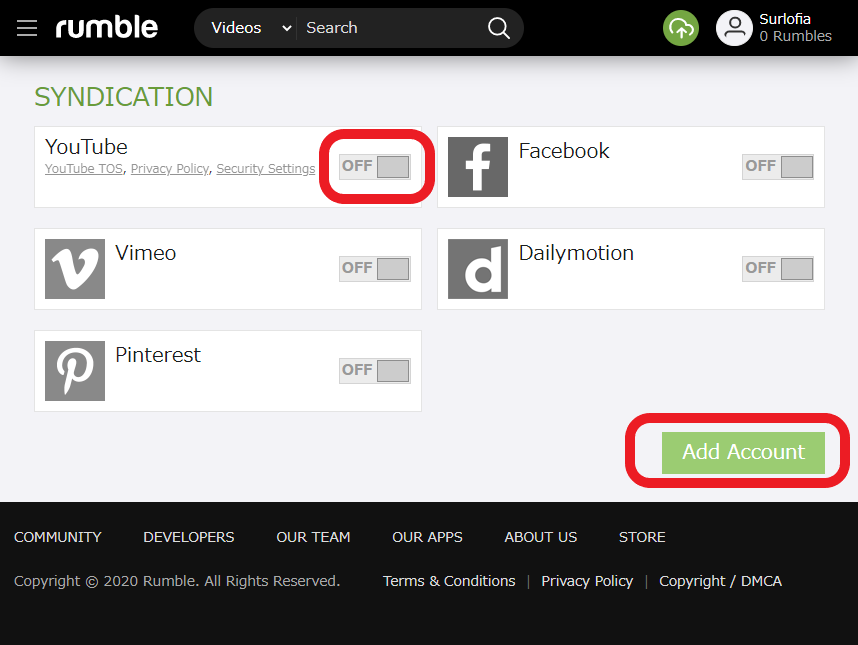 Rumble で You Tube にも同時配信する方法　その２　You Tube を ON にします。　右下の Add Account は、候補にあがっていない、または、２個目の同サイトを選ぶときに使います。