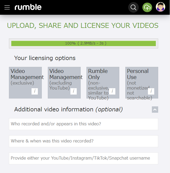 Rumble 動画をアップする方法　その５　動画のライセンス方法を選ぶ