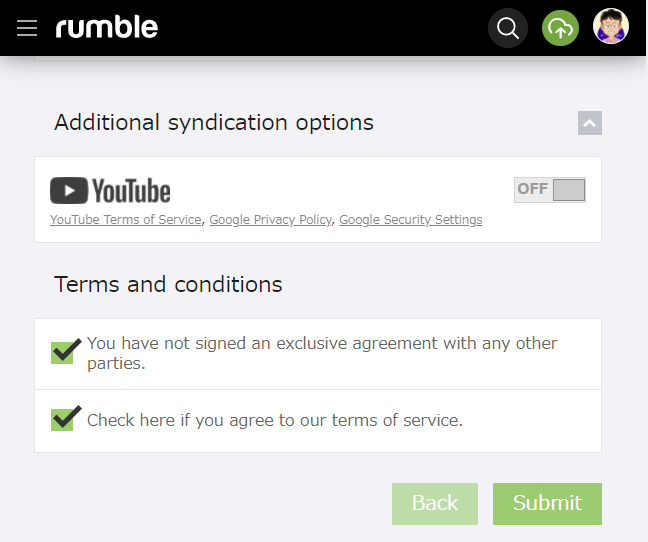 Rumble 動画をアップする方法　その８　他とは契約していません。　規約に同意します。