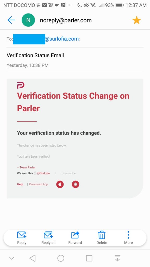 Parler Verification -3 認証されましたメールが来ます。