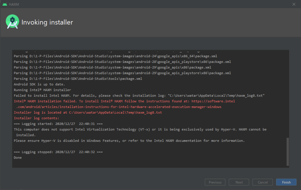 Android Studio Failed to install Intel HAXM