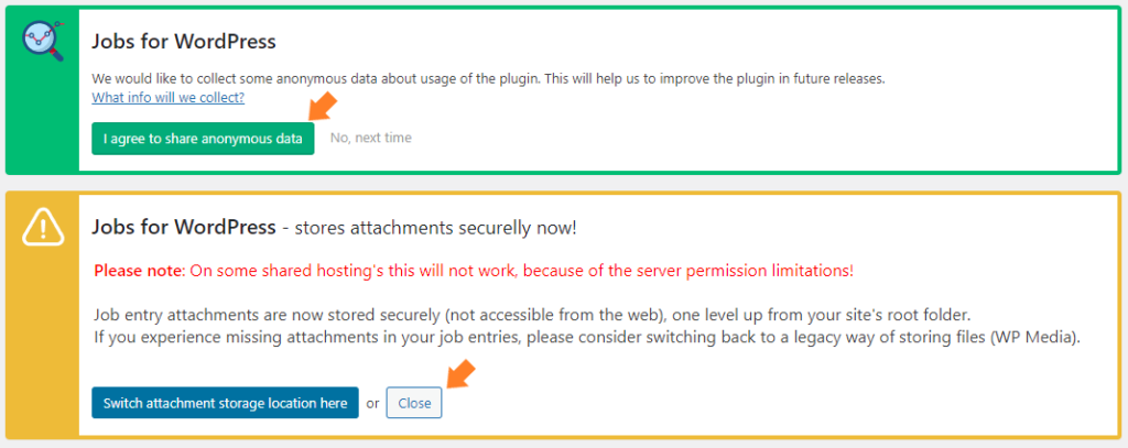 Jobs for WordPress プラグイン に匿名データ収集を許可します。添付ファイルの保存場所は、そのままにします。