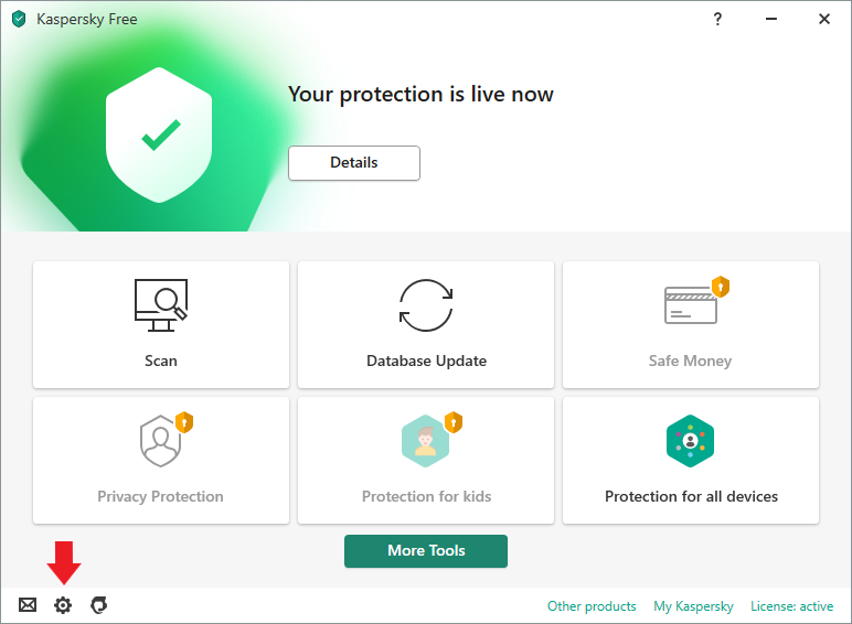 Kaspersky Free ホーム画面の左下にある「歯車」を左クリックします。