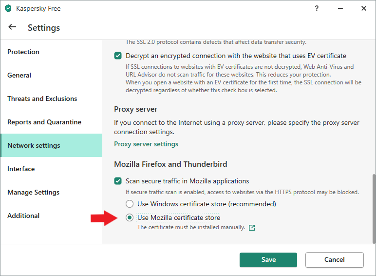 Settings 画面 Network settings の「 Use Mozilla certificate store 」を選択します。