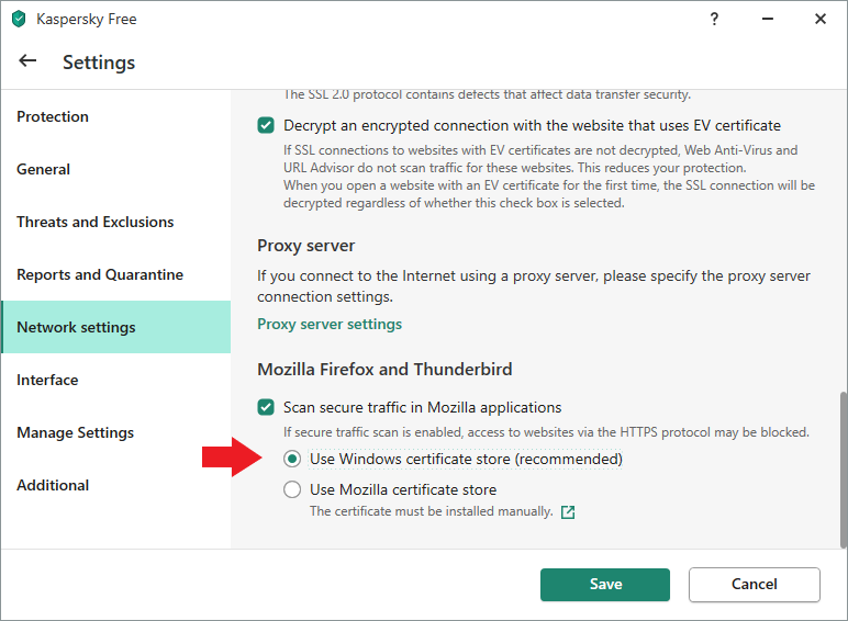 Settings 画面 Network settings の「 use Windows certificate store (recommended) 」を選択します。