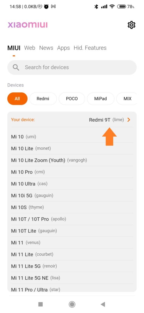 MIUI Downloader, touch "Your device: Redmi 9T (lime)"