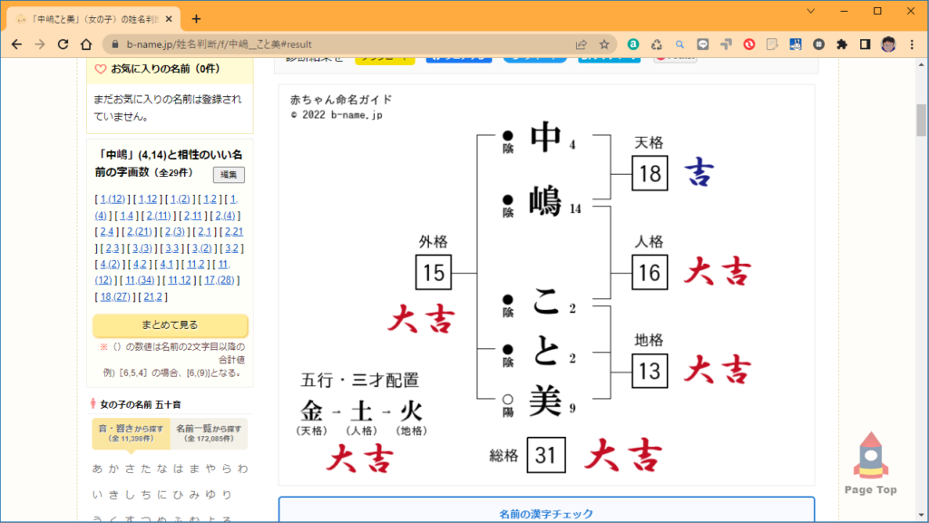 赤ちゃん命名-6　こと美　診断結果