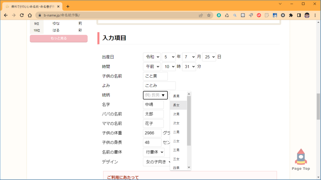 赤ちゃん命名-11　命名紙・命名書　入力項目