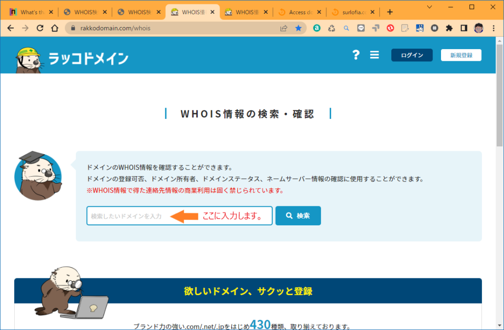 ラッコドメイン でWHOIS検索する。