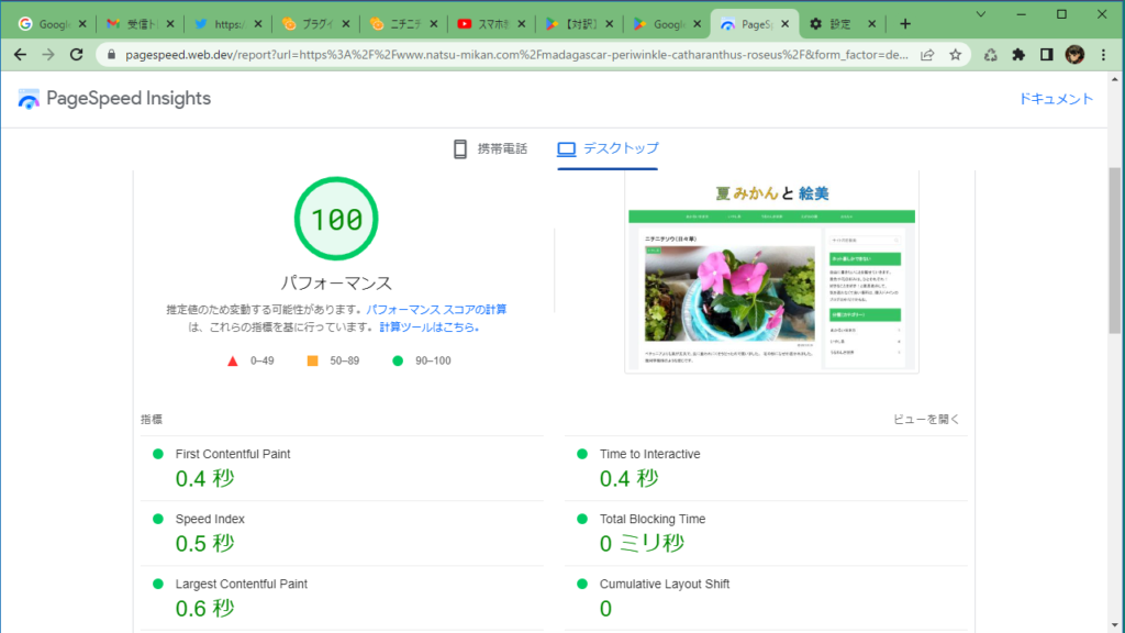 夏みかんと絵美　ニチニチソウ（日々草）のページ速度について　デスクトップ　１００点になりました。