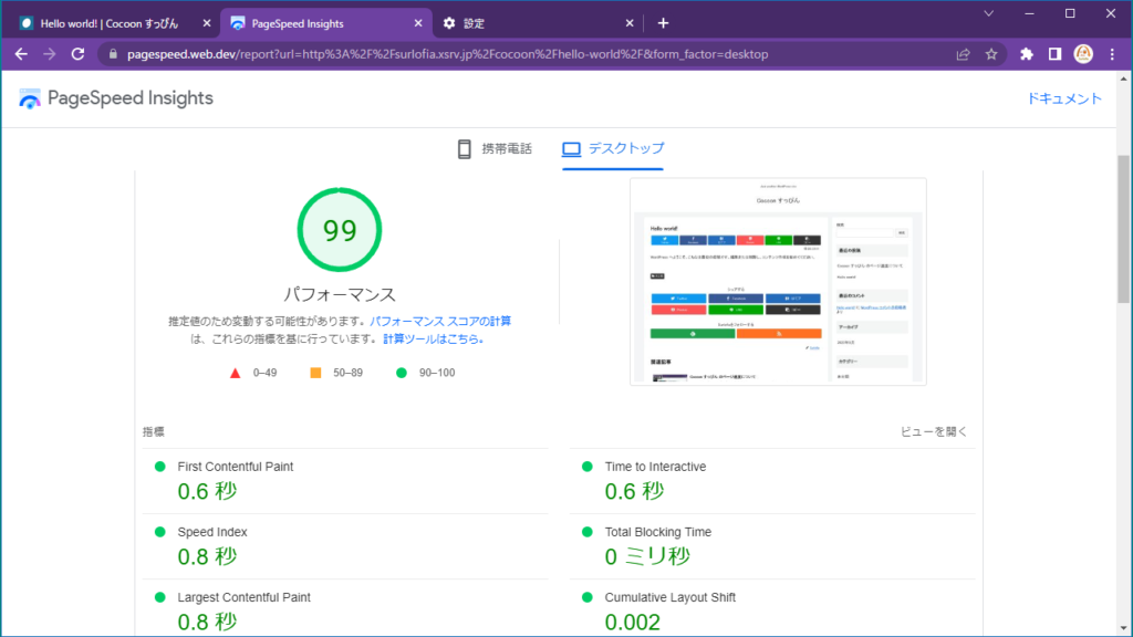 Cocoon すっぴん　Hello world!　プラグインなし　XpageSpeed ON 測定結果　デスクトップ