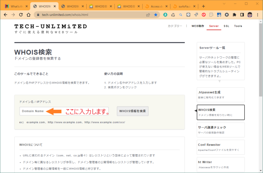 tech-unlimited.com でWHOIS検索する。