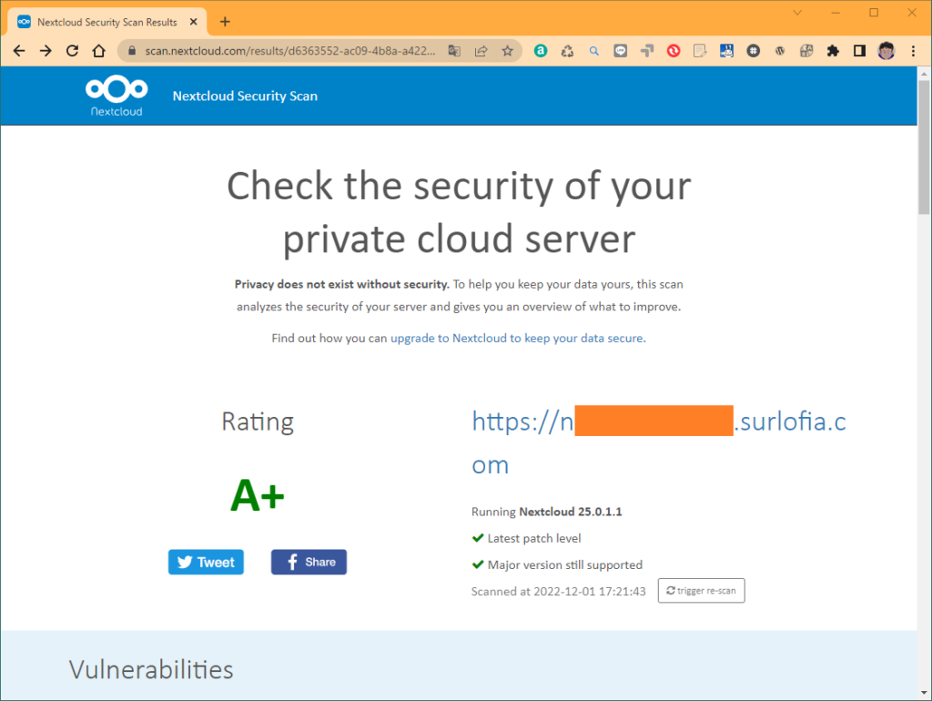 Nextcloud Security Rating A + plus