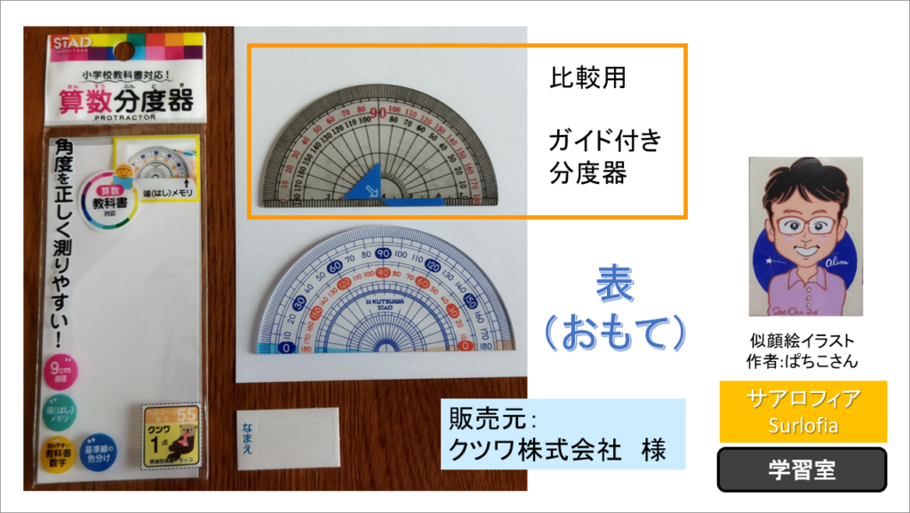 「端（はし）なし分度器」のパッケージと分度器の写真　表