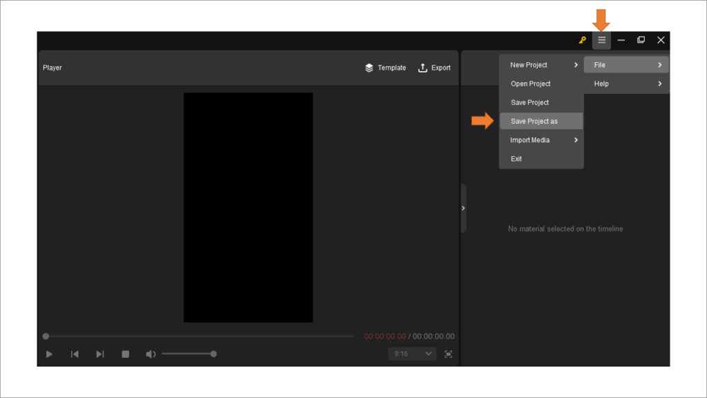 動画編集ソフト MiniTool MovieMaker 操作方法３　画面右上の ≡ （三角形の合同）マークを左クリックします。プロジェクト名を決めて保存します。