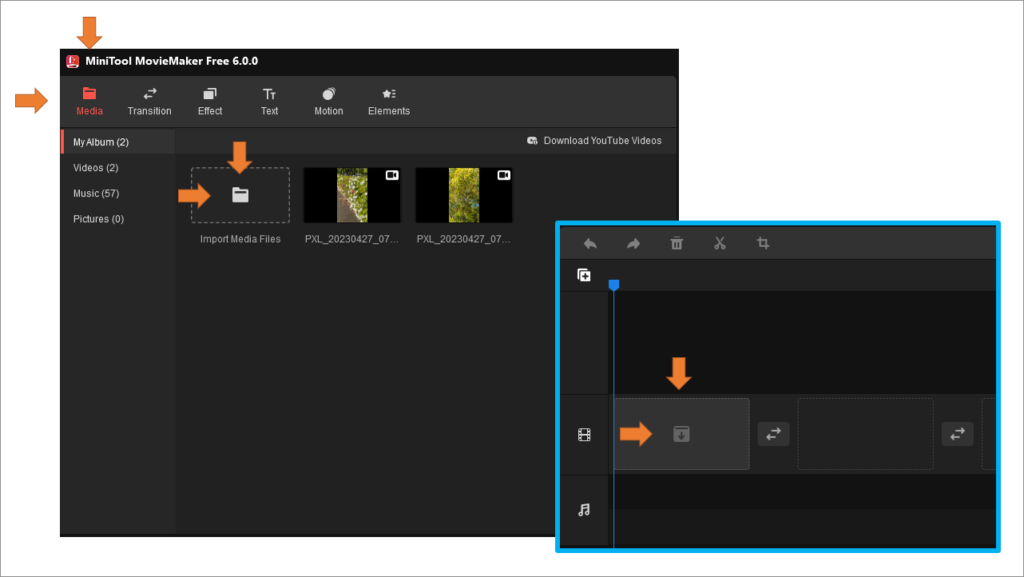 動画編集ソフト MiniTool MovieMaker 操作方法５　画面左上の Media マークを左クリックします。Import Media Files を左クリックします。お持ちの動画や写真をインポートします。