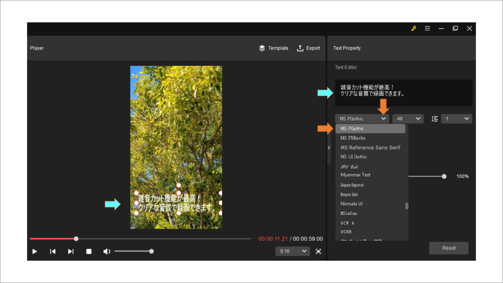 動画編集ソフト MiniTool MovieMaker 操作方法８　フォントを切り替えます。初期設定の Arial では日本語の文字の見栄えがいまいちです。 MS Gothic などの日本語対応フォントに変えましょう。