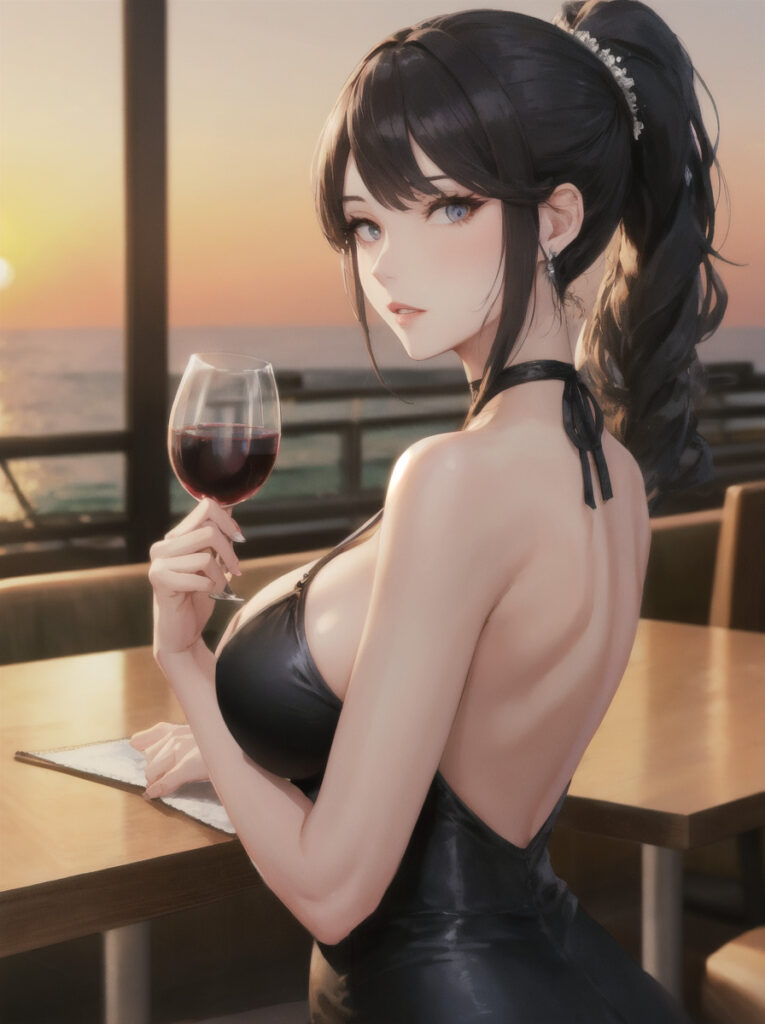 夕日が見えるレストランでワイングラスを持つ、刺繍の背中あき扇情ドレス　ghostmix_v12