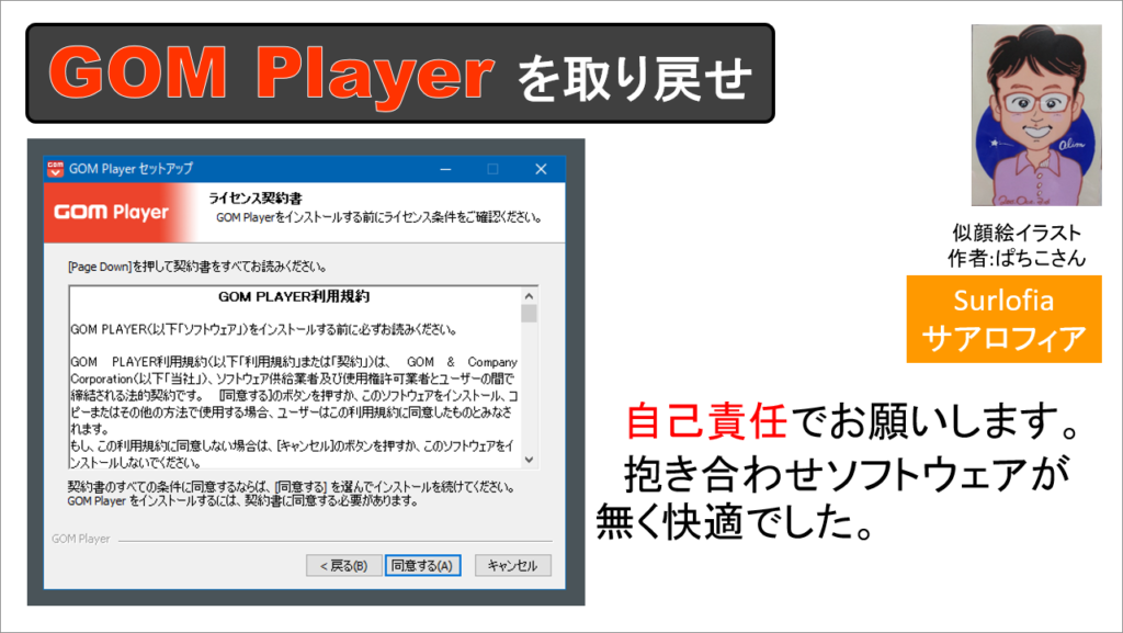 自己責任でお願いします。 GOM Player をインストールしています。抱き合わせソフトウェアが無く快適でした。その２