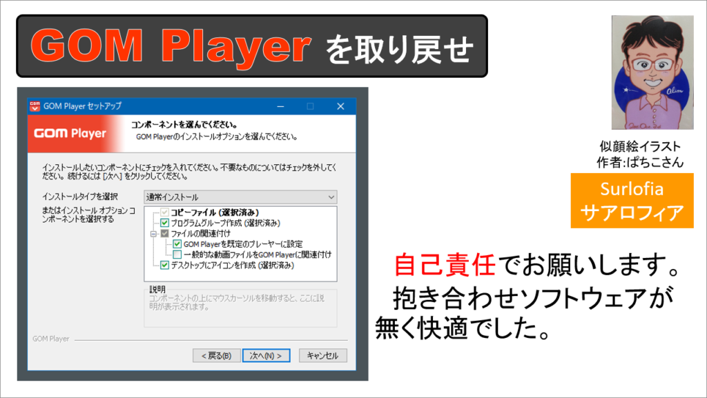 自己責任でお願いします。 GOM Player をインストールしています。抱き合わせソフトウェアが無く快適でした。その３