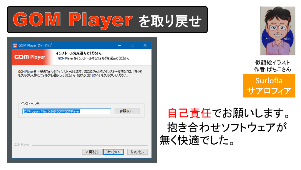 自己責任でお願いします。 GOM Player をインストールしています。抱き合わせソフトウェアが無く快適でした。その４