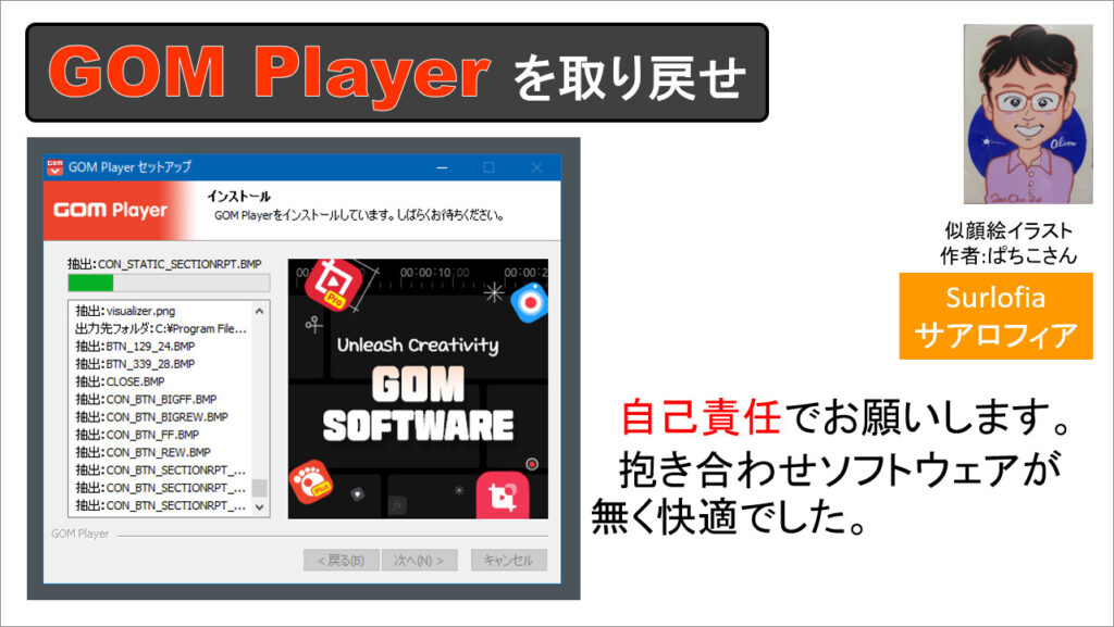 自己責任でお願いします。 GOM Player をインストールしています。抱き合わせソフトウェアが無く快適でした。その５