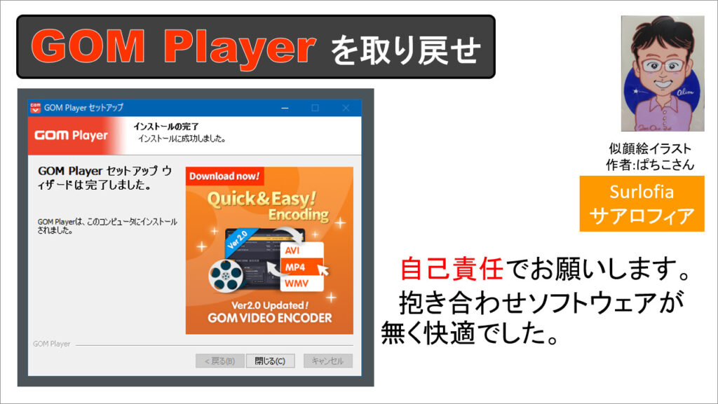 自己責任でお願いします。 GOM Player をインストールしています。抱き合わせソフトウェアが無く快適でした。その６