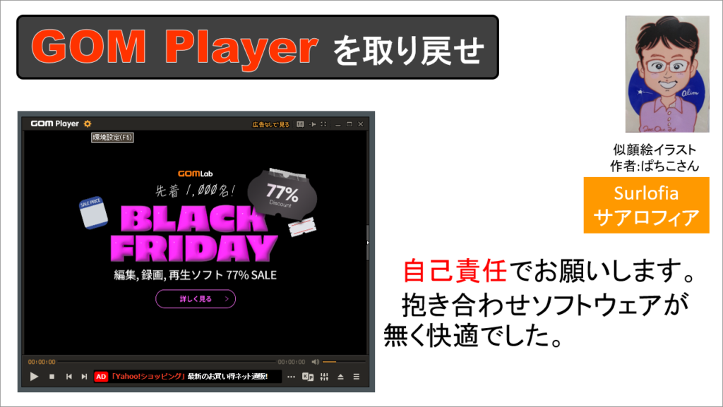 自己責任でお願いします。 GOM Player をインストールしています。抱き合わせソフトウェアが無く快適でした。その７